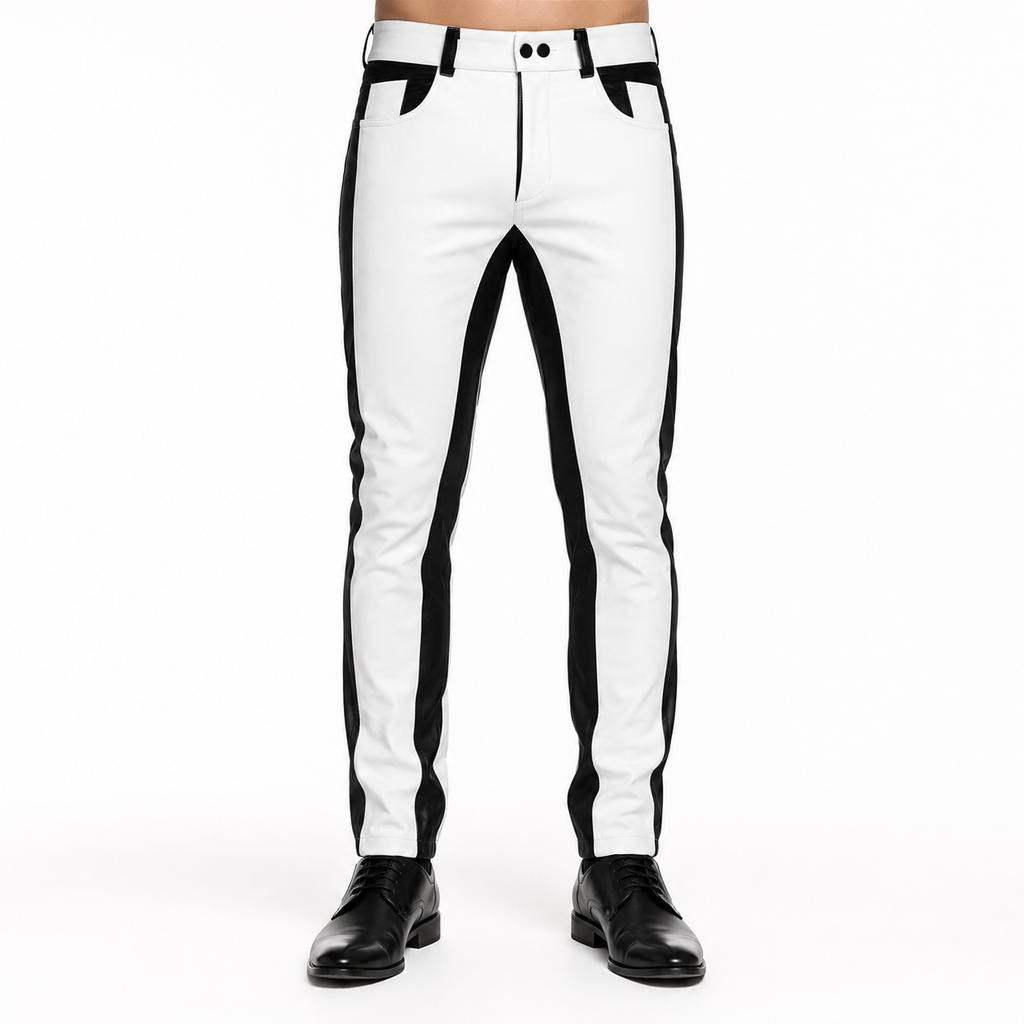Men’s Black & White Leather Biker Pants
