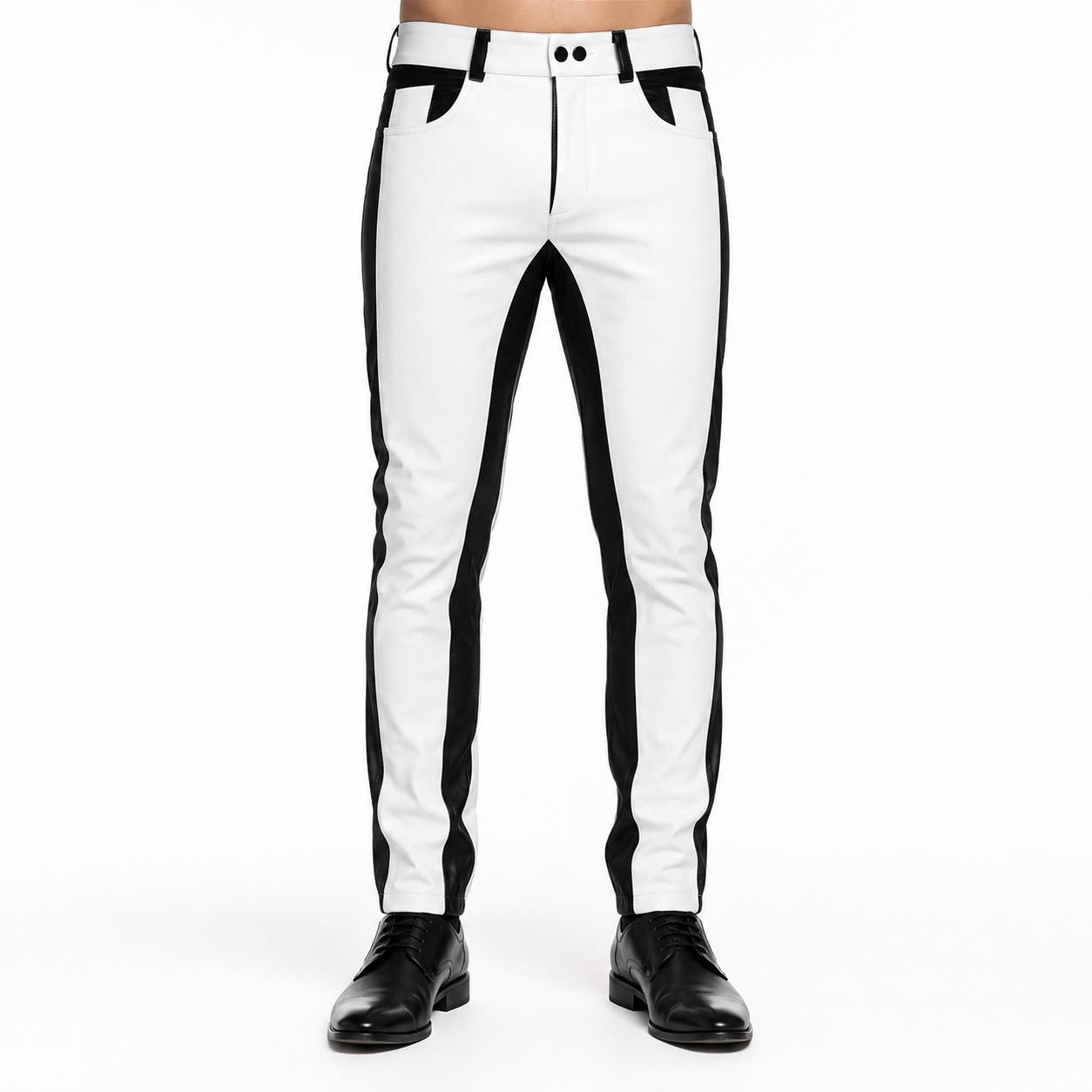 Men’s Black & White Leather Biker Pants