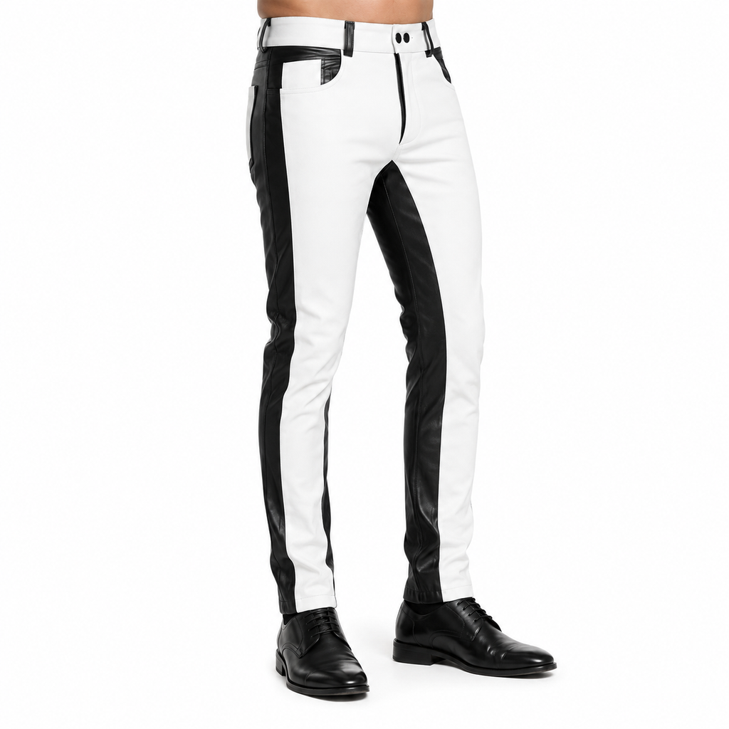 Men’s Black & White Leather Biker Pants