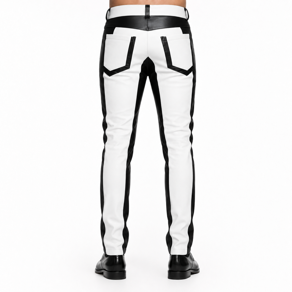 Men’s Black & White Leather Biker Pants