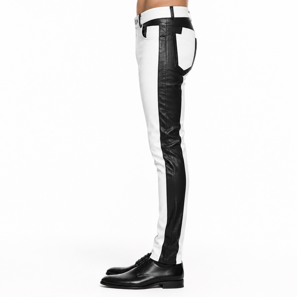 Men’s Black & White Leather Biker Pants