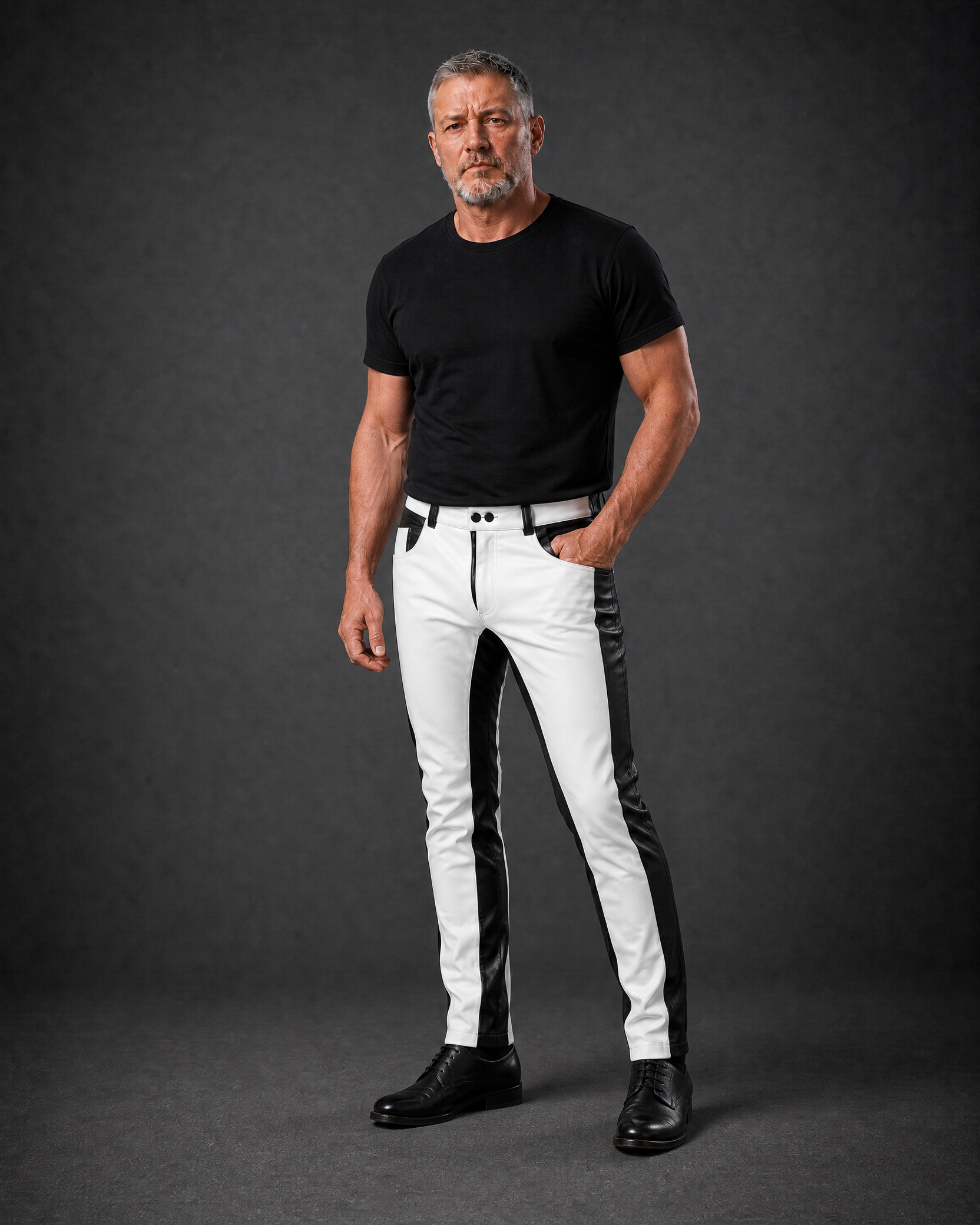Men’s Black & White Leather Biker Pants